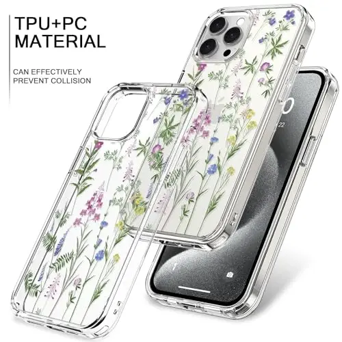 bicol Compatible with iPhone 15 Pro Case, Crystal Acrylic Clear with Fashionable Pattern Designs for Girls Women, Slim Fit Shockproof Protective Phone Cover 6.1 inch,Little Flowers Leaves - 4