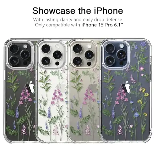 bicol Compatible with iPhone 15 Pro Case, Crystal Acrylic Clear with Fashionable Pattern Designs for Girls Women, Slim Fit Shockproof Protective Phone Cover 6.1 inch,Little Flowers Leaves - 3