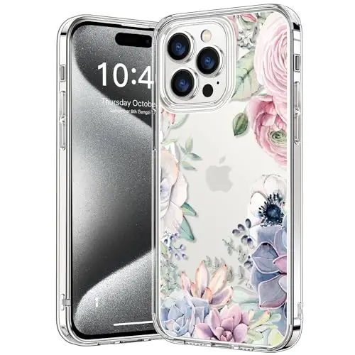 bicol Compatible with iPhone 15 Pro Case, Crystal Acrylic Clear with Fashionable Pattern Designs for Girls Women, Slim Fit Shockproof Protective Phone Cover 6.1 inch,Colorful Succulents - 1