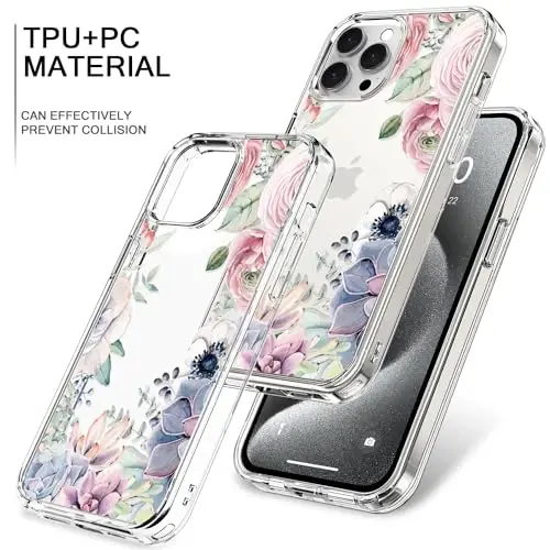 bicol Compatible with iPhone 15 Pro Case, Crystal Acrylic Clear with Fashionable Pattern Designs for Girls Women, Slim Fit Shockproof Protective Phone Cover 6.1 inch,Colorful Succulents - 4
