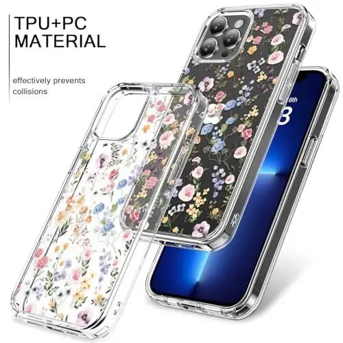 bicol Compatible with iPhone 15 Pro Case, Crystal Acrylic Clear with Fashionable Pattern Designs for Girls Women, Slim Fit Shockproof Protective Phone Cover 6.1 inch,Blooming Wildflower - 3