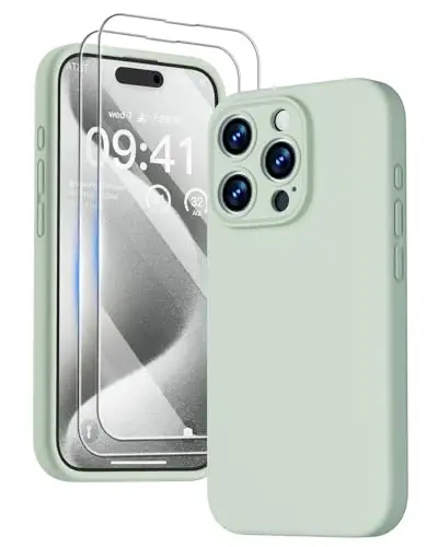 GOODVISH Compatible with iPhone 15 Pro Case, Silicone Upgraded [Enhanced Camera Protection] Phone Case with [2 Screen Protectors], Soft Anti-Scratch Microfiber Lining Inside, 6.1 inch, Light Green - 1