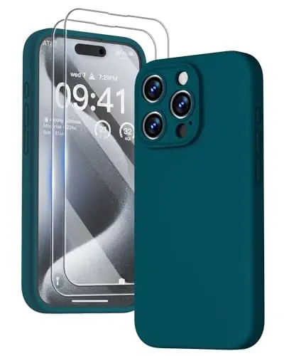 GOODVISH Compatible with iPhone 15 Pro Case, Silicone Upgraded [Enhanced Camera Protection] Phone Case with [2 Screen Protectors], Soft Anti-Scratch Microfiber Lining Inside, 6.1 inch, Dark Green - 1