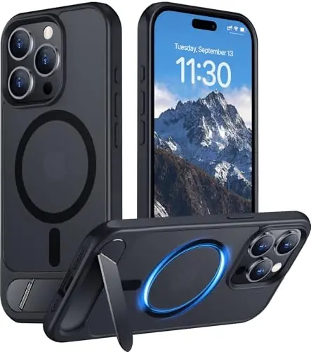 Temdan Magnetic Compatible with iPhone 15 Pro Case, [Built-in Invisible Kickstand][Compatible with MagSafe] [Military Grade Shockproof] Slim Translucent Matte Phone Case for iPhone 15 Pro 6.1