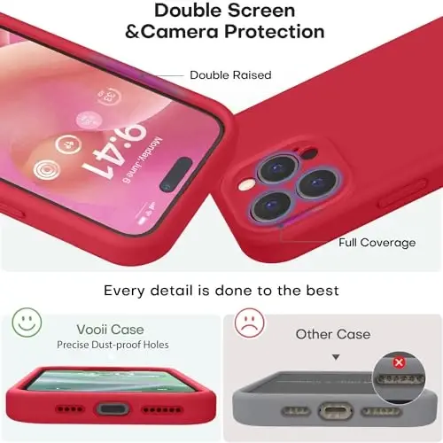 Vooii Compatible with iPhone 15 Pro Case, Upgrade Defender Liquid Silicone, [Enhanced Camera Protection] [Soft Anti-Scratch Microfiber Lining] Shockproof Phone Case iPhone 15 Pro 6.1 inch - Red - 3
