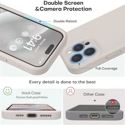 Vooii Compatible with iPhone 15 Pro Case, Upgrade Defender Liquid Silicone, [Enhanced Camera Protection] [Soft Anti-Scratch Microfiber Lining] Shockproof Phone Case iPhone 15 Pro 6.1 inch - Stone - 3