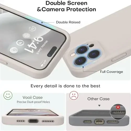 Vooii Compatible with iPhone 15 Pro Case, Upgrade Defender Liquid Silicone, [Enhanced Camera Protection] [Soft Anti-Scratch Microfiber Lining] Shockproof Phone Case iPhone 15 Pro 6.1 inch - Stone - 3