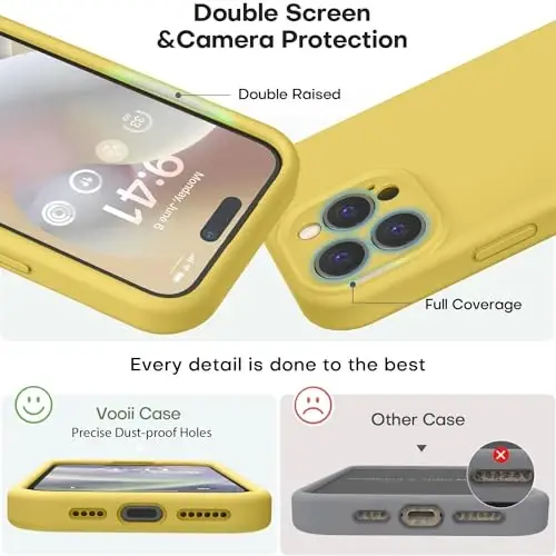 Vooii Compatible with iPhone 15 Pro Case, Upgrade Defender Liquid Silicone, [Enhanced Camera Protection] [Soft Anti-Scratch Microfiber Lining] Shockproof Phone Case iPhone 15 Pro - Canary Yellow - 3