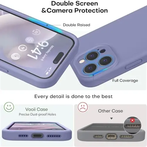 Vooii Compatible with iPhone 15 Pro Case, Upgrade Liquid Silicone, [Enhanced Camera Protection] [Soft Anti-Scratch Microfiber Lining] Shockproof Phone Case iPhone 15 Pro 6.1 inch - Lavender Grey - 3