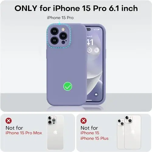 Vooii Compatible with iPhone 15 Pro Case, Upgrade Liquid Silicone, [Enhanced Camera Protection] [Soft Anti-Scratch Microfiber Lining] Shockproof Phone Case iPhone 15 Pro 6.1 inch - Lavender Grey - 5