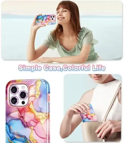 Btscase for iPhone 15 Pro Max Case 6.7 inch (2023), Marble Pattern 3 in 1 Heavy Duty Full Body Shockproof Hard PC+Soft Silicone Drop Protective Women Girls Cover for iPhone 15 Pro Max, Pink Marble - 8