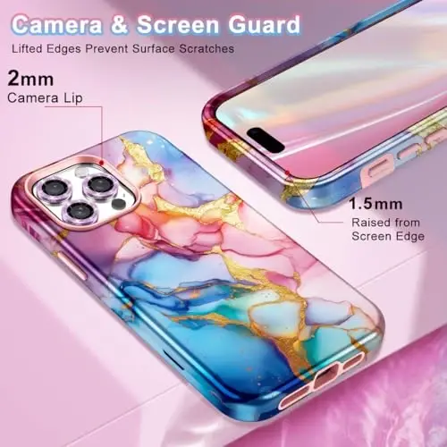 Btscase for iPhone 15 Pro Max Case 6.7 inch (2023), Marble Pattern 3 in 1 Heavy Duty Full Body Shockproof Hard PC+Soft Silicone Drop Protective Women Girls Cover for iPhone 15 Pro Max, Pink Marble - 4