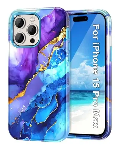 Btscase for iPhone 15 Pro Max Case 6.7 inch (2023), Marble Pattern 3 in 1 Heavy Duty Full Body Shockproof Hard PC+Soft Silicone Drop Protective Women Girls Cover for iPhone 15 Pro Max, Blue/Purple 