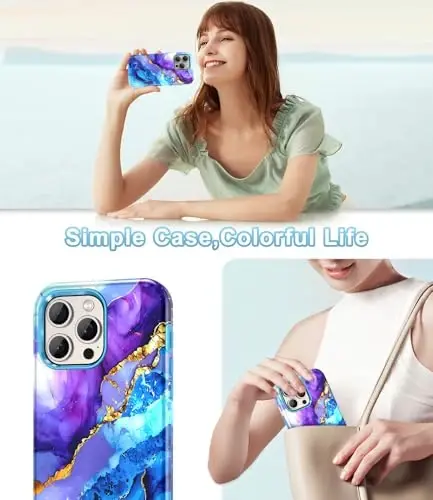 Btscase for iPhone 15 Pro Max Case 6.7 inch (2023), Marble Pattern 3 in 1 Heavy Duty Full Body Shockproof Hard PC+Soft Silicone Drop Protective Women Girls Cover for iPhone 15 Pro Max, Blue/Purple - 6
