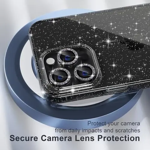 iPhone 15 Pro Max ayollar telefon qutisi uchun Choiche mos keladi, yoqimli Bling Sparkly, harbiy darajadagi himoya, 3 olmosli kamera linzalari qopqoqlari, 2 ta temperli shisha himoyachisi, 6,7 dyuym (Glitter Black) - 3