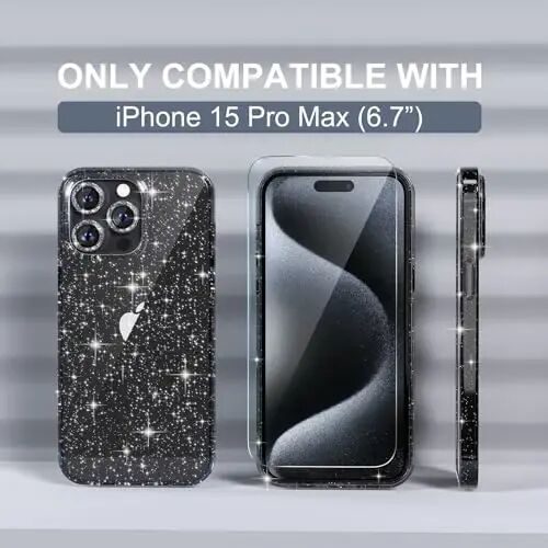 iPhone 15 Pro Max ayollar telefon qutisi uchun Choiche mos keladi, yoqimli Bling Sparkly, harbiy darajadagi himoya, 3 olmosli kamera linzalari qopqoqlari, 2 ta temperli shisha himoyachisi, 6,7 dyuym (Glitter Black) - CHOICHE (1)