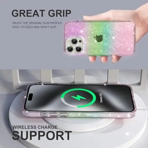 iPhone 15 Pro Max ayollar telefon qutisi uchun Choiche mos keladi, yoqimli Bling Sparkly, harbiy darajadagi himoya, 3 olmosli kamera linzalari qopqoqlari, 2 ta temperli shisha himoyachisi, 6,7 dyuym (Glitter Colorful) - 6