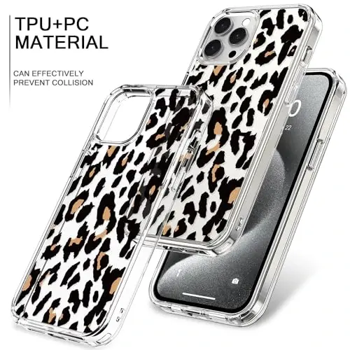 iPhone 15 Pro Max bilan mos keladigan g'ilof, kristalli akril tiniq, qizlar ayollar uchun zamonaviy naqsh dizaynlari bilan, ingichka zarbaga chidamli himoya telefon qopqog'i 6,7 dyuym, Cheetah Leopard Print - 4