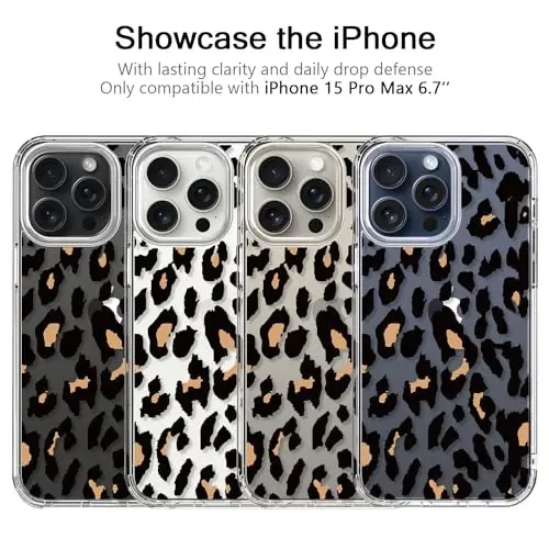 iPhone 15 Pro Max bilan mos keladigan g'ilof, kristalli akril tiniq, qizlar ayollar uchun zamonaviy naqsh dizaynlari bilan, ingichka zarbaga chidamli himoya telefon qopqog'i 6,7 dyuym, Cheetah Leopard Print - 3