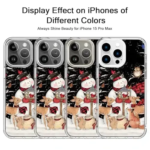 bicol Case for iPhone 15 Pro Max with Screen Protector, Enhanced Camera Protection - Wireless Charging - Slim Shockproof Protective Acrylic Clear Cover for Women Girls- Snowman with Deer - 5