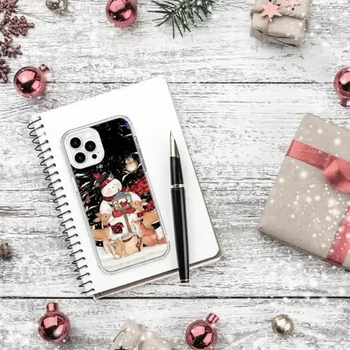 bicol Case for iPhone 15 Pro Max with Screen Protector, Enhanced Camera Protection - Wireless Charging - Slim Shockproof Protective Acrylic Clear Cover for Women Girls- Snowman with Deer - 6