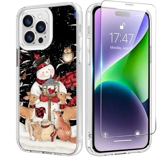 bicol Case for iPhone 15 Pro Max with Screen Protector, Enhanced Camera Protection - Wireless Charging - Slim Shockproof Protective Acrylic Clear Cover for Women Girls- Snowman with Deer 