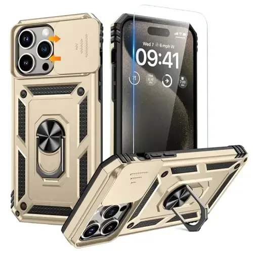 Goton for iPhone 15 Pro Max Case with Screen Protector - Slide Camera Cover Protective Phone Case with Ring Stand, Heavy Duty Shockproof Rugged Bumper for iPhone 15 Promax Accessories Gold - GOTON