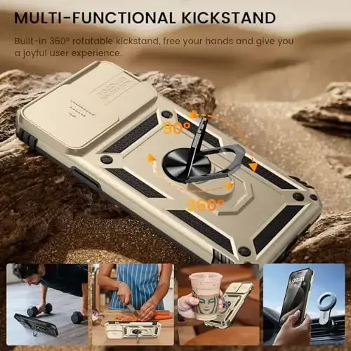 Goton for iPhone 15 Pro Max Case with Screen Protector - Slide Camera Cover Protective Phone Case with Ring Stand, Heavy Duty Shockproof Rugged Bumper for iPhone 15 Promax Accessories Gold - 4