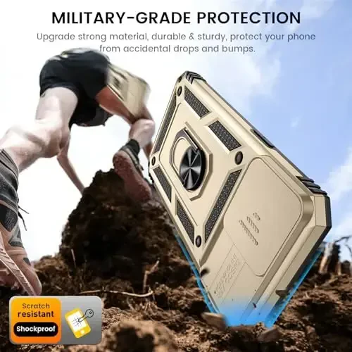 Goton for iPhone 15 Pro Max Case with Screen Protector - Slide Camera Cover Protective Phone Case with Ring Stand, Heavy Duty Shockproof Rugged Bumper for iPhone 15 Promax Accessories Gold - 5