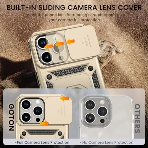 Goton for iPhone 15 Pro Max Case with Screen Protector - Slide Camera Cover Protective Phone Case with Ring Stand, Heavy Duty Shockproof Rugged Bumper for iPhone 15 Promax Accessories Gold - 3