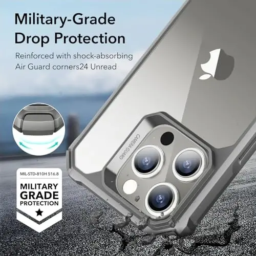 ESR for iPhone 15 Pro Max Case, Military-Grade Protection with Shock-Absorbing Corners, Scratch-Resistant and Anti-Yellowing Acrylic Back, Slim Protective Phone Case, Air-Armor Series, Clear Grey - 3