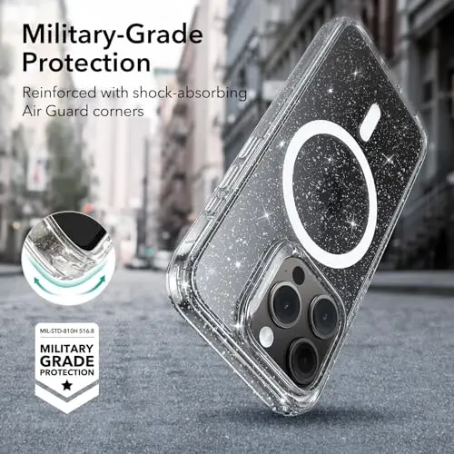 ESR for iPhone 15 Pro Max Case Set, 1 Tempered-Glass Screen Protector, 1 Set of Lens Protectors, Military-Grade Protection, Yellowing and Scratch Resistant MagSafe Case, Classic Series, Clear Shimmer - 5