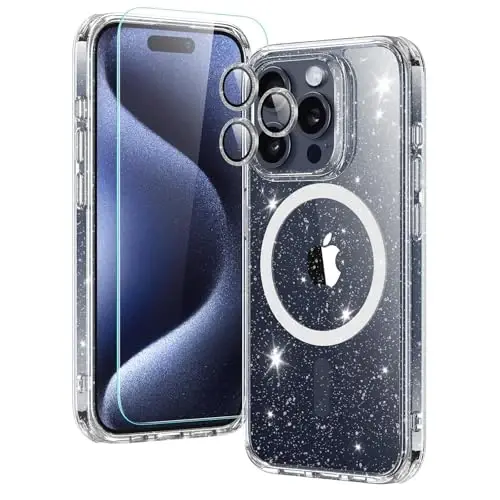 ESR for iPhone 15 Pro Max Case Set, 1 Tempered-Glass Screen Protector, 1 Set of Lens Protectors, Military-Grade Protection, Yellowing and Scratch Resistant MagSafe Case, Classic Series, Clear Shimmer - ESR