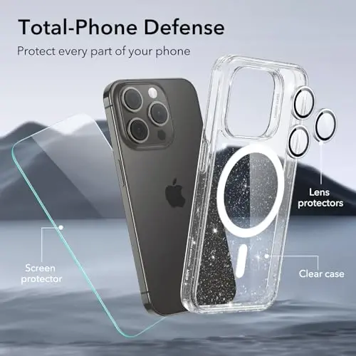 ESR for iPhone 15 Pro Max Case Set, 1 Tempered-Glass Screen Protector, 1 Set of Lens Protectors, Military-Grade Protection, Yellowing and Scratch Resistant MagSafe Case, Classic Series, Clear Shimmer 