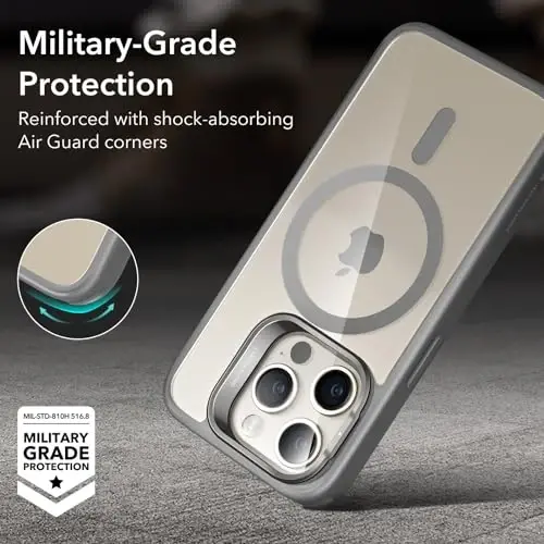 ESR for iPhone 15 Pro Max Case, Compatible with MagSafe, Military-Grade Protective Case, Built-in Stash Stand Phone Case, Scratch-Resistant Back Cover, Classic Series,Clear Grey - 6