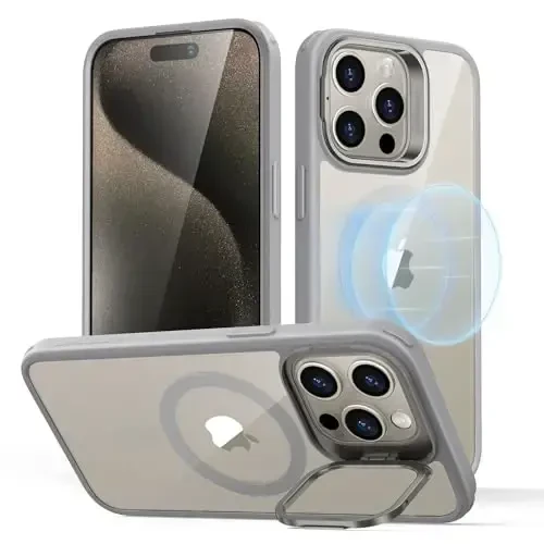 ESR for iPhone 15 Pro Max Case, Compatible with MagSafe, Military-Grade Protective Case, Built-in Stash Stand Phone Case, Scratch-Resistant Back Cover, Classic Series,Clear Grey 