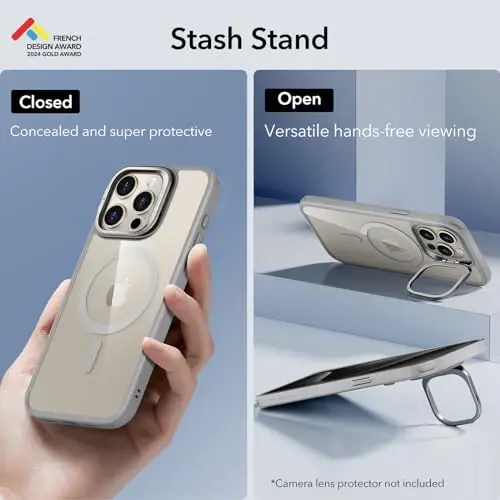 ESR for iPhone 15 Pro Max Case, Compatible with MagSafe, Military-Grade Protective Case, Built-in Stash Stand Phone Case, Scratch-Resistant Back Cover, Classic Series,Clear Grey - ESR (1)