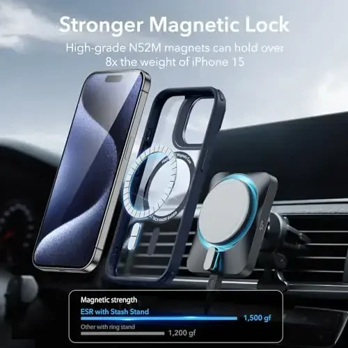 ESR for iPhone 15 Pro Max Case, Compatible with MagSafe, Military-Grade Protective Case, Built-in Stash Stand Phone Case, Scratch-Resistant Back Cover, Classic Series,Clear Dark Blue - 5