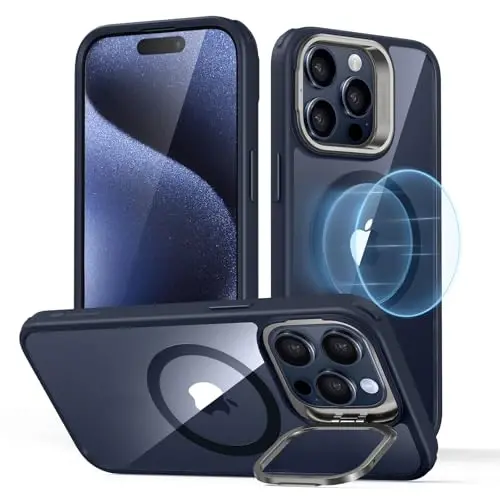 ESR for iPhone 15 Pro Max Case, Compatible with MagSafe, Military-Grade Protective Case, Built-in Stash Stand Phone Case, Scratch-Resistant Back Cover, Classic Series,Clear Dark Blue - ESR