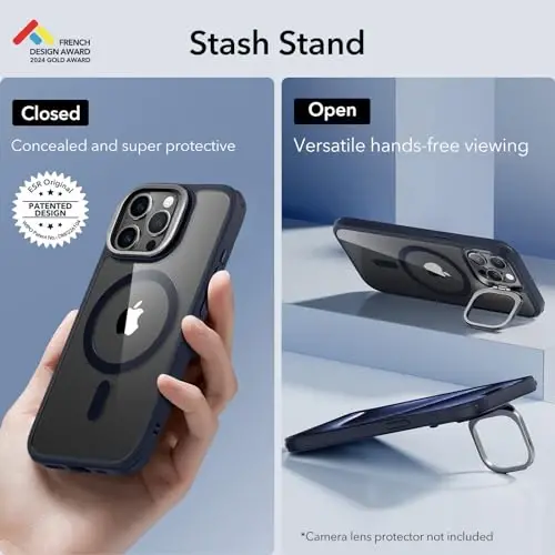 ESR for iPhone 15 Pro Max Case, Compatible with MagSafe, Military-Grade Protective Case, Built-in Stash Stand Phone Case, Scratch-Resistant Back Cover, Classic Series,Clear Dark Blue - 3