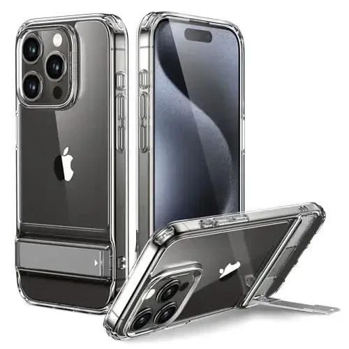 ESR for iPhone 15 Pro Max Case, Metal Kickstand Case, 3 Stand Modes, Military-Grade Drop Protection, Supports Wireless Charging, Slim Back Cover with Patented Kickstand, Boost Series, Clear 
