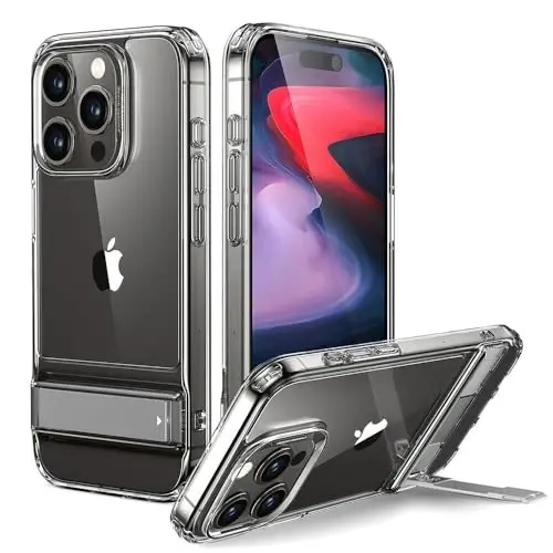 ESR for iPhone 15 Pro Max Case, Metal Kickstand Case, 3 Stand Modes, Military-Grade Drop Protection, Supports Wireless Charging, Slim Back Cover with Patented Kickstand, Boost Series, Clear 
