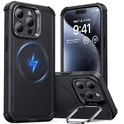 ESR for iPhone 15 Pro Max Case with Stand, 23 ft Military-Grade Drop Protection, Heavy Duty Magnetic Phone Case, Compatible with MagSafe Accessories, Cyber Series, Black - ESR