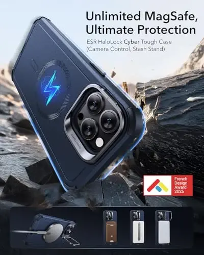 ESR for iPhone 15 Pro Max Case with Stand, 23 ft Military-Grade Drop Protection, Heavy Duty Magnetic Phone Case, Compatible with MagSafe Accessories, Cyber Series, Blue - 3