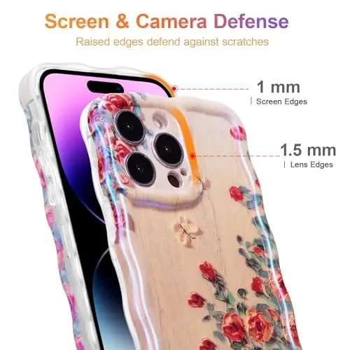 EYZUTAK Case for iPhone 15 Pro Max, Colorful Retro Oil Painting Printed Flower Laser Glossy Pattern Cute Curly Wave Edge Exquisite Phone Cover Stylish Durable TPU Protective Case for Girls Women-Beige - 4