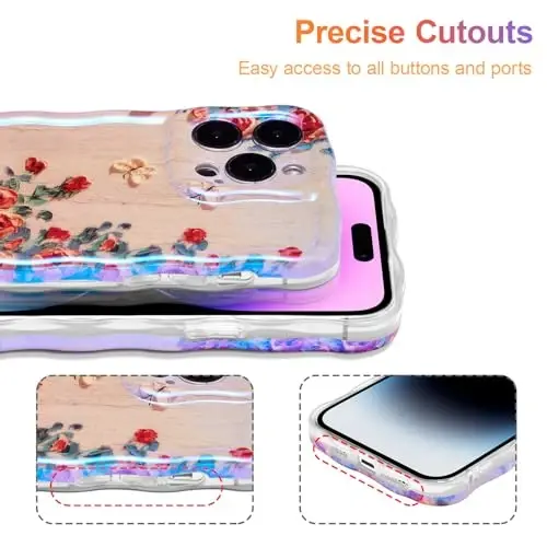 EYZUTAK Case for iPhone 15 Pro Max, Colorful Retro Oil Painting Printed Flower Laser Glossy Pattern Cute Curly Wave Edge Exquisite Phone Cover Stylish Durable TPU Protective Case for Girls Women-Beige - 5