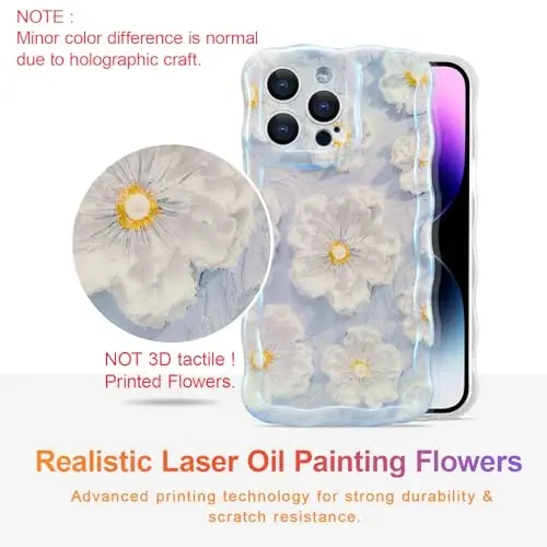 EYZUTAK Case for iPhone 15 Pro Max, Colorful Retro Oil Painting Flower Laser Glossy Pattern Cute Curly Wave Border Exquisite Phone Cover Stylish Durable TPU Protective Case for Girls Women-Light Blue - 2