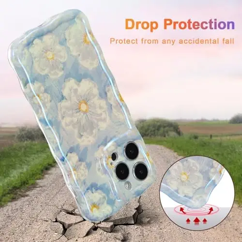 EYZUTAK Case for iPhone 15 Pro Max, Colorful Retro Oil Painting Flower Laser Glossy Pattern Cute Curly Wave Border Exquisite Phone Cover Stylish Durable TPU Protective Case for Girls Women-Light Blue - 3