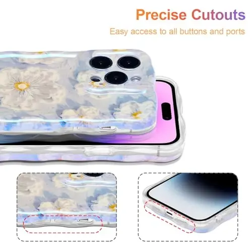 EYZUTAK Case for iPhone 15 Pro Max, Colorful Retro Oil Painting Flower Laser Glossy Pattern Cute Curly Wave Border Exquisite Phone Cover Stylish Durable TPU Protective Case for Girls Women-Light Blue - 5