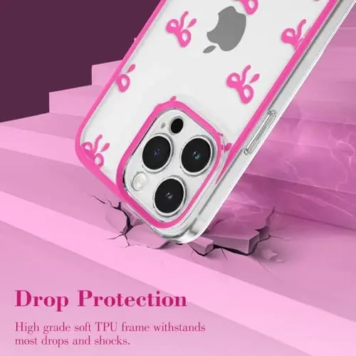 EYZUTAK Case for iPhone 15 Pro Max, Clear Cute Ribbon Bowknot Pattern Aesthetic Transparent Phone Case Raised Camera Protection Stylish Slim Soft Durable TPU Protective Cover for Women Girls -Rose Red - 11